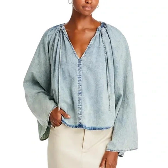 Frame | Women’s Shirred V Neck Denim Blouse Size XS Oversized - Picture 1 of 7